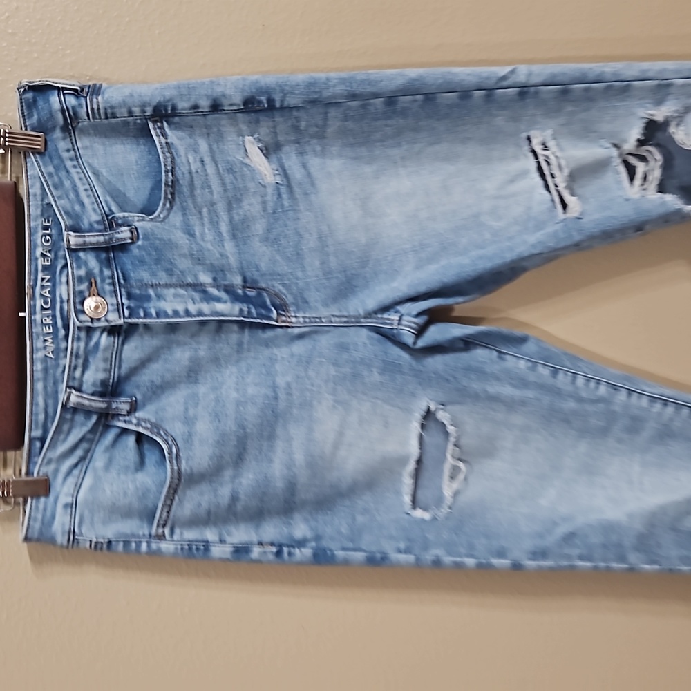 American Eagle size 12 X-long HI Rise Jeggings distress light Blue Acid Wash